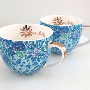 LILLY PULITZER Ceramic Mugs (Set of 2) Blue White & Purple Design NWO Box